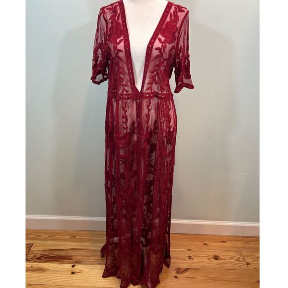 Dresses & Skirts - Red Lace Gothic Romantic Sheer Lace Maxi pullover Cover Up One Size